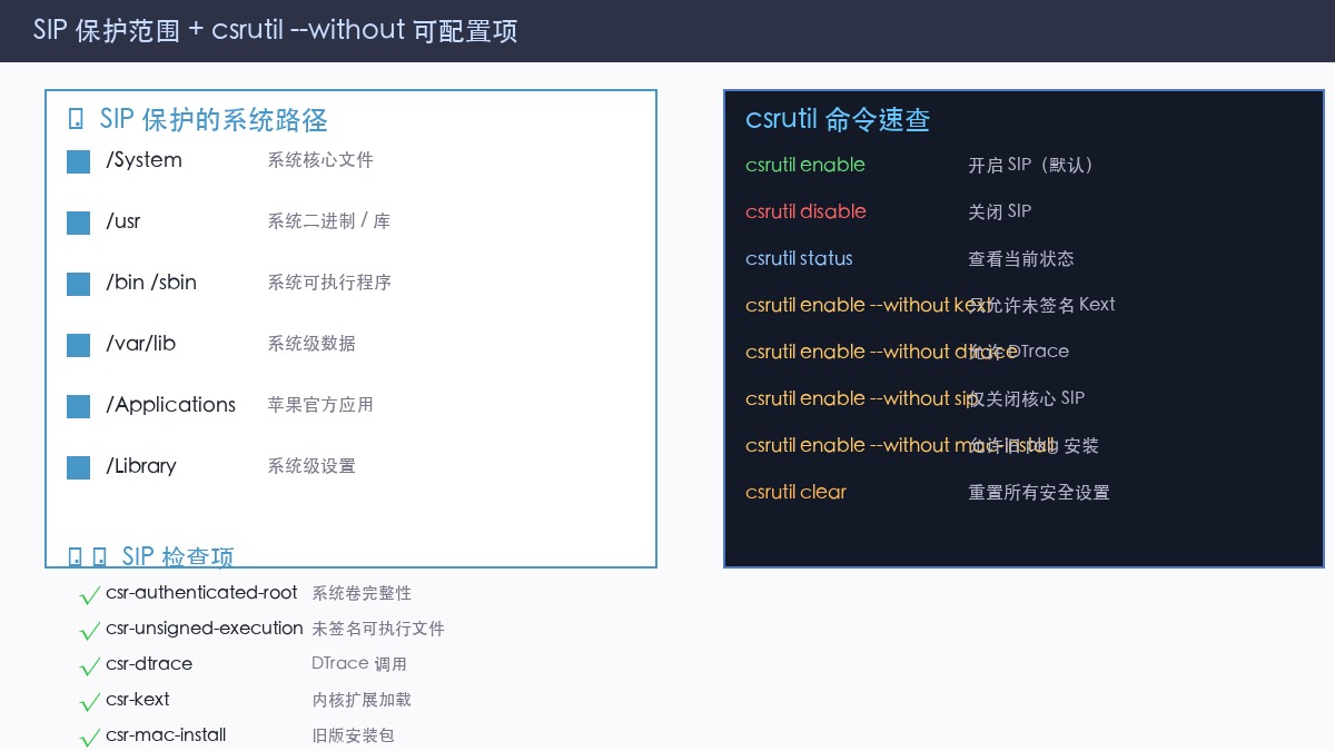SIP 保护的系统路径 + csrutil 可配置检查项